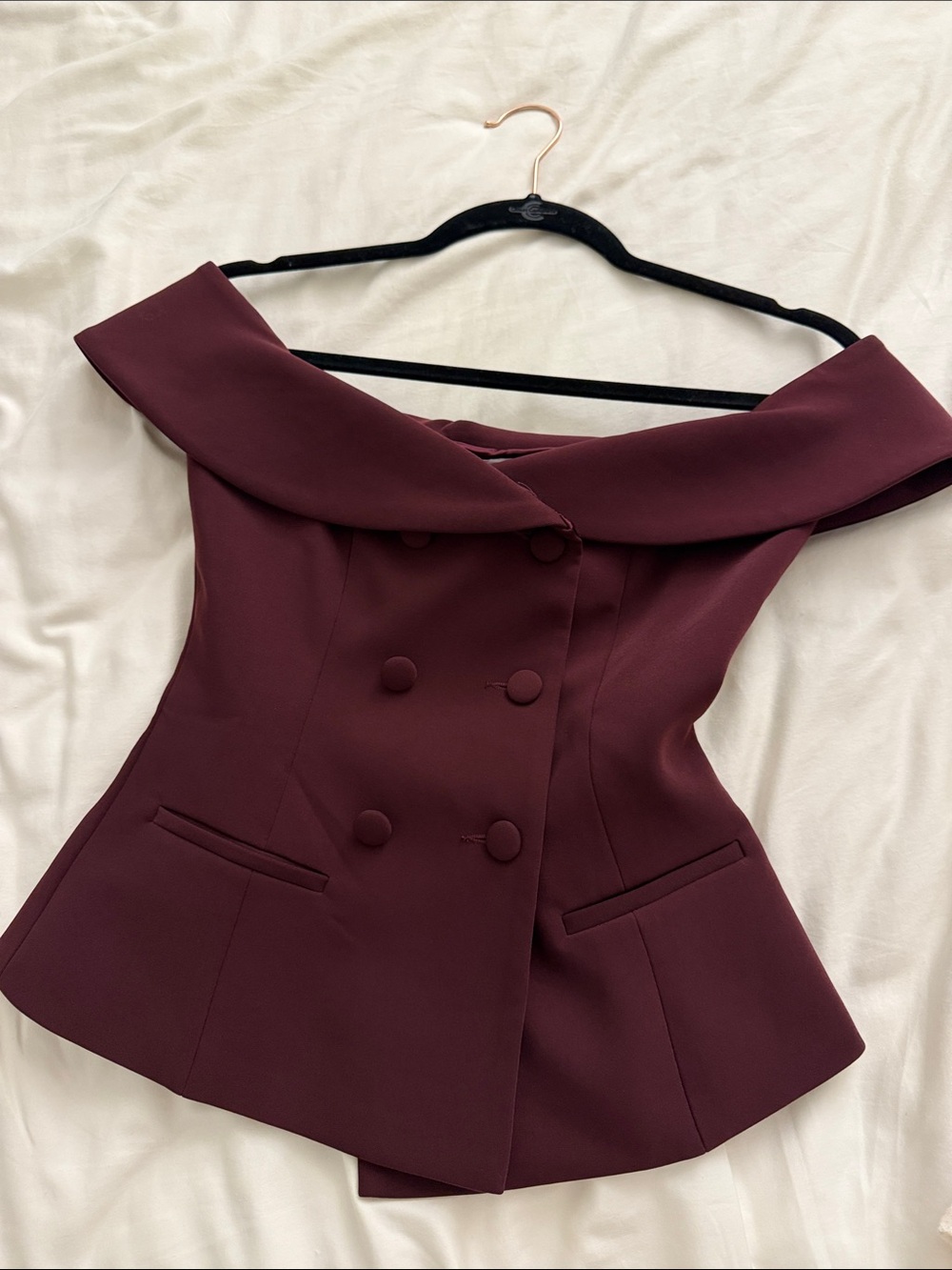 Meshki Off-Shoulder Double-Breasted Top in Burgundy